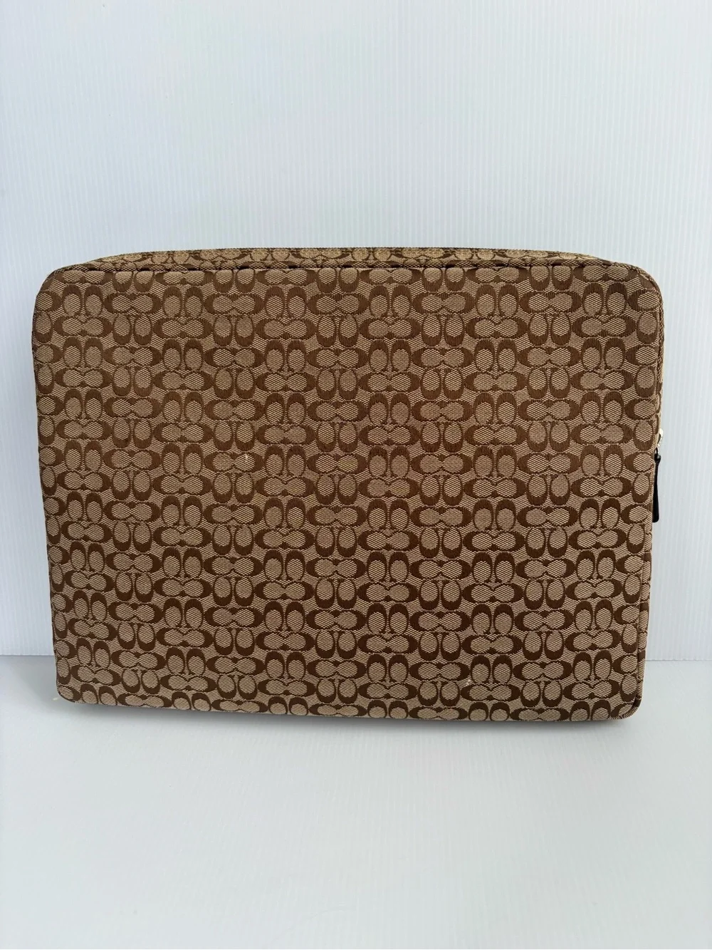 Coach Brown Signature Canvas Laptop Sleeve with Tan Stripe